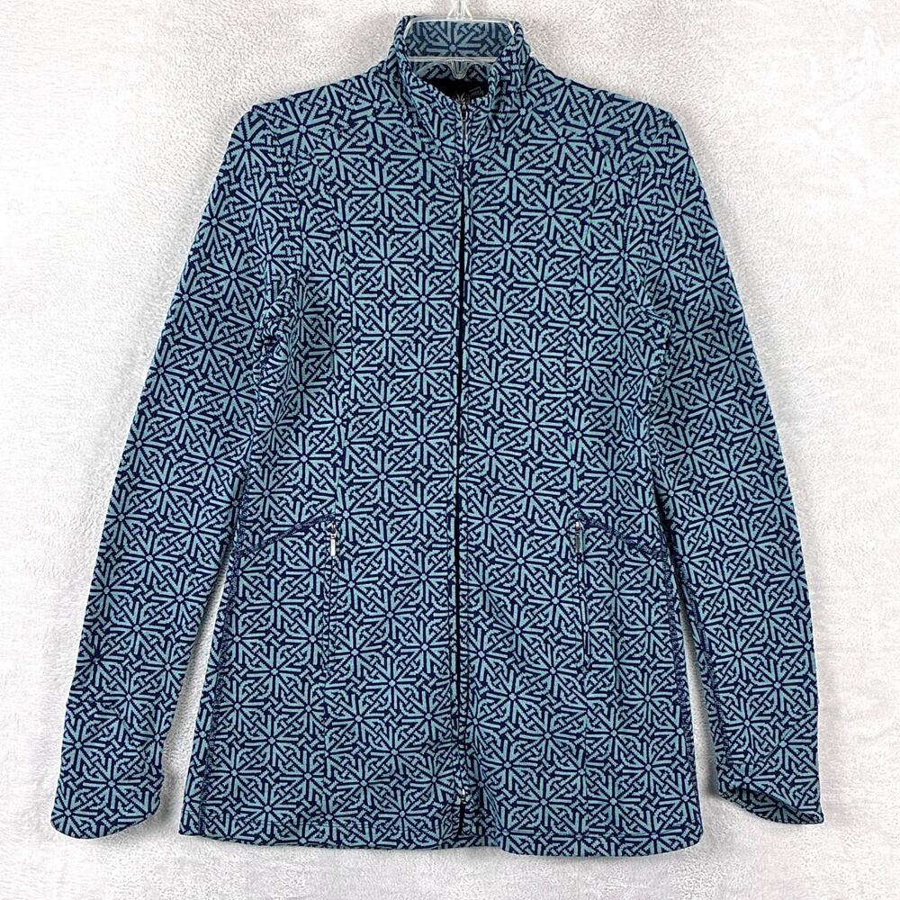 Ibex Jacket Women M Blue Geometric Juliet Tunic 100% Wool Full Zip Preppy USA